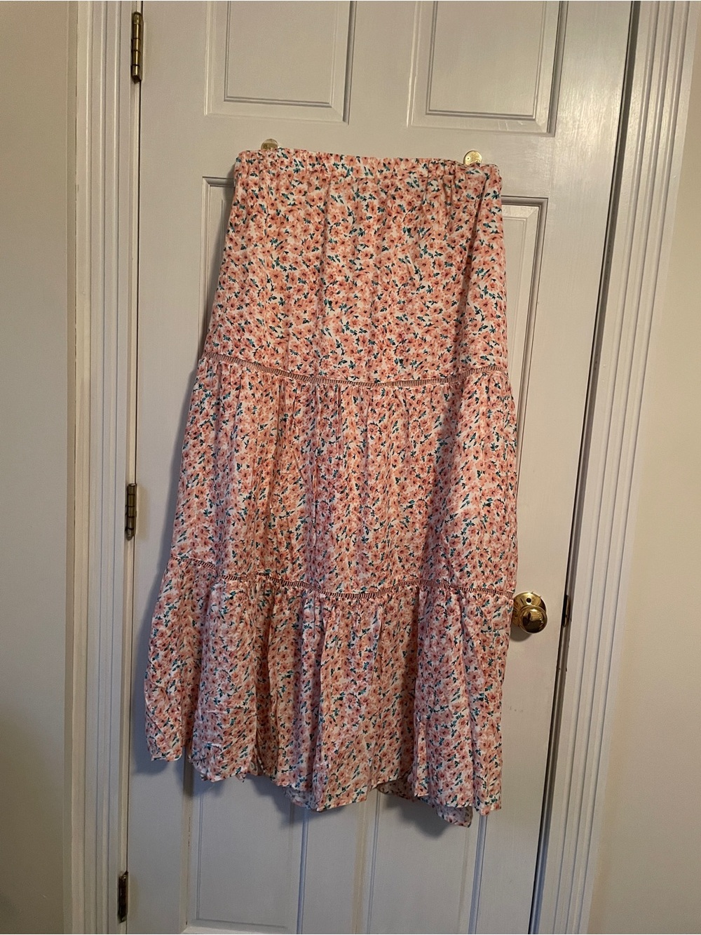 Pink Lily Peach-Pink Floral Tiered Maxi Skirt